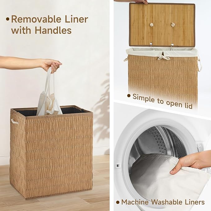 Laundry Hamper with Lid, 39.6 Gallon(150L) Large Laundry Basket 2 Removable Liner Bags, Synthetic Rattan Clothes Hamper with Side Pocket, laundry organization for bathroom, laundry room, Natural