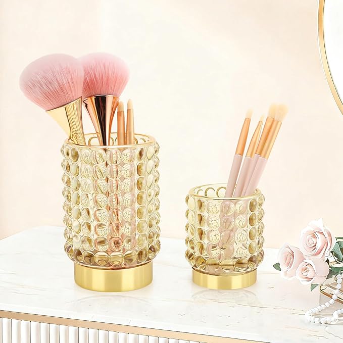 DASITON Makeup Brush Holder Organizer, Crystal Cosmetic Make Up Brush Holder, Glass Makeup Brushes Storage Organizer, Vintage Make Up Cup Desk Pen Pencil Holder, Toothbrush Holders (Yellow L)