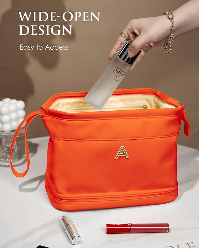 Bridesmaid Gifts for Women, Initial Makeup Bag, Personalized Double Layer Cosmetic Bag with Makeup Brush Organizer, Large Capacity PU Leather Travel Toiletry Bag, Personalized Teacher Gifts