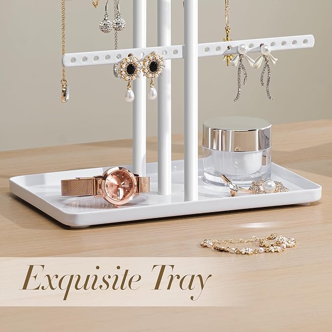 Jewelry Holder Organizer Stand - Adjustable Jewelry Tree 17.5" Height (Max), Jewlery Hanger for Necklaces, Bracelets, Earrings, Stainless, White