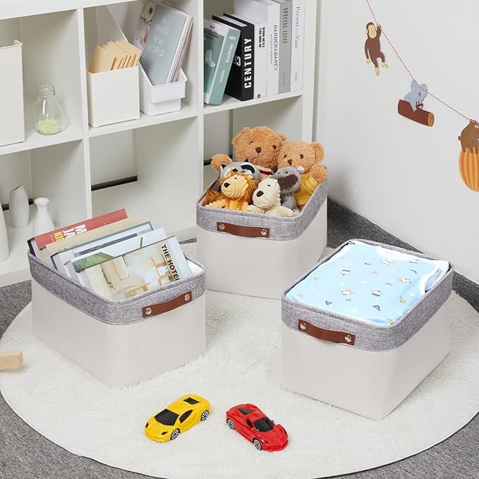 HNZIGE Large Storage Baskets for Shelves(3 Pack) Fabric Storage Toy Baskets with Handles, Decorative Foldable Storage Bins for Organizing (Gray&White-Leather Handles, 15"x11"x9.5")