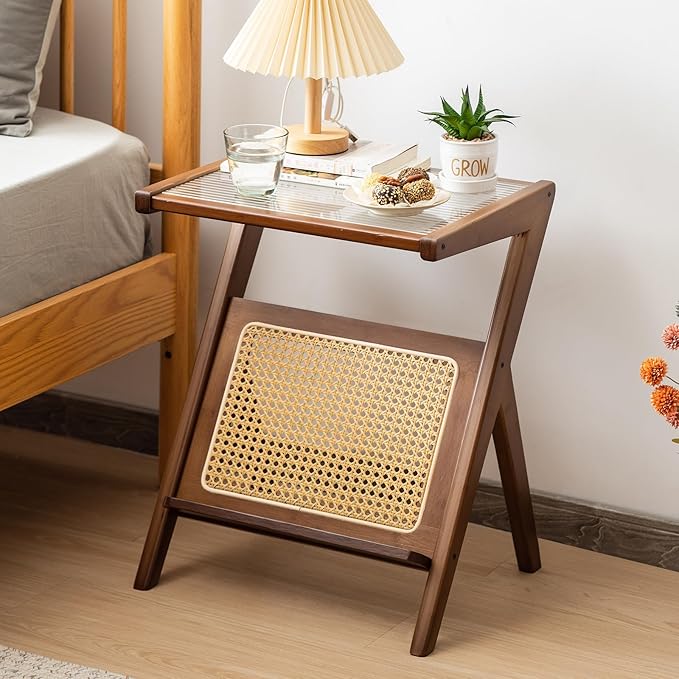 Giantex Rattan Side Table, Boho Nightstand with Glass Top & Magazine Rack, End Table with Storage, Bamboo Bedside Table for Small Space Living Room Bedroom (1, Walnut)