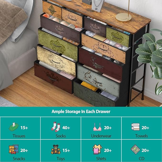 Dresser for Bedroom with 12 Drawers, Tall Fabric Drawer Dresser, Chest of Drawers for Closet, Nursery, Bedside, Living Room, Entryway, Hallway (Pattern)