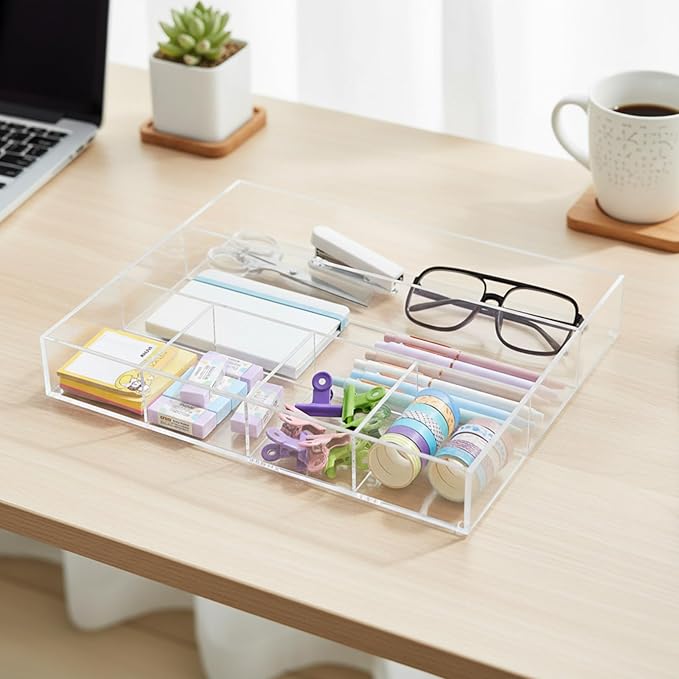 Acrylic Desk Drawer Organizer 14.37 x 11.81 x 2.17 Inch Storage Tray Organizer for Pens, Stationery, Desktop, Office, Bathroom, Kitchen, Makeup Supplies(6 Compartments, Clear)