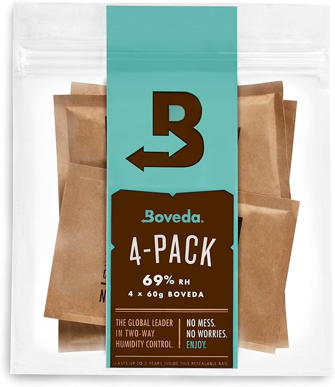 Boveda 69% Two-Way Humidity Control Packs For Plastic and Wood Containers Size 60 – 4 Pack – Moisture Absorbers – Humidifier Packs – Hydration Packets in Resealable Bag