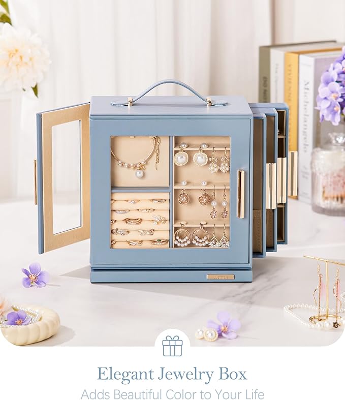 Homde Christmas Gifts Jewelry Box 360° Rotating, Necklace Earring Organizer with Transparent Window, Mirror, 7 Drawers, Large Ring Display Storage Case for Girls Women (Grey Blue)