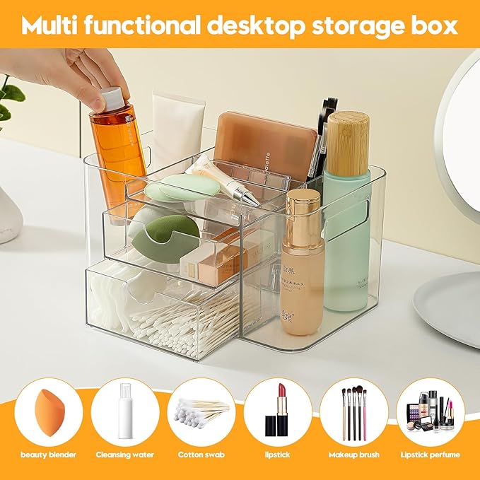 Acrylic Makeup Organizer for Countertop – 2 Drawers & 3 Compartments, Clear Storage Bin. Multi-use for Skincare, Cosmetics, Jewelry & Small Accessories, fits Vanity, Bathroom, Office, Craft