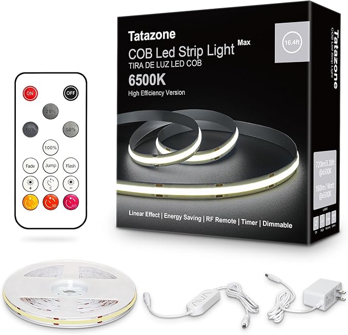 White COB Led Strip Light Max with RF Remote, 16.4ft 6500K Dimmable Ultra Bright Daylight White COB Light Strip, Indoor COB Led Lights for Mirror, Ceiling, Kitchen, Room, Cabinet, Closet