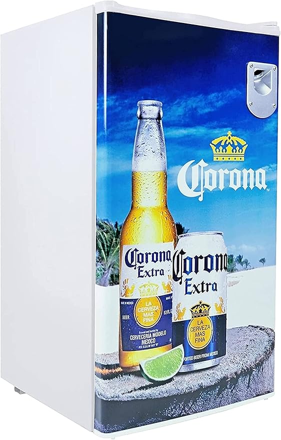 Corona Compact Fridge with Bottle Opener, 90 L/ 95 Quart 3.2 Cubic Foot for Snacks, Beverages, Juice, Beer, Den, Dorm, Office, Games Room, or RV