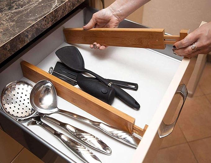 6 Pack Bamboo Kitchen Drawer Dividers, Expandable Drawer Separators Splitter, Utensil Drawer Organizer, Adjustable Organizer for Large Utensil, Clothes, Tools Drawers