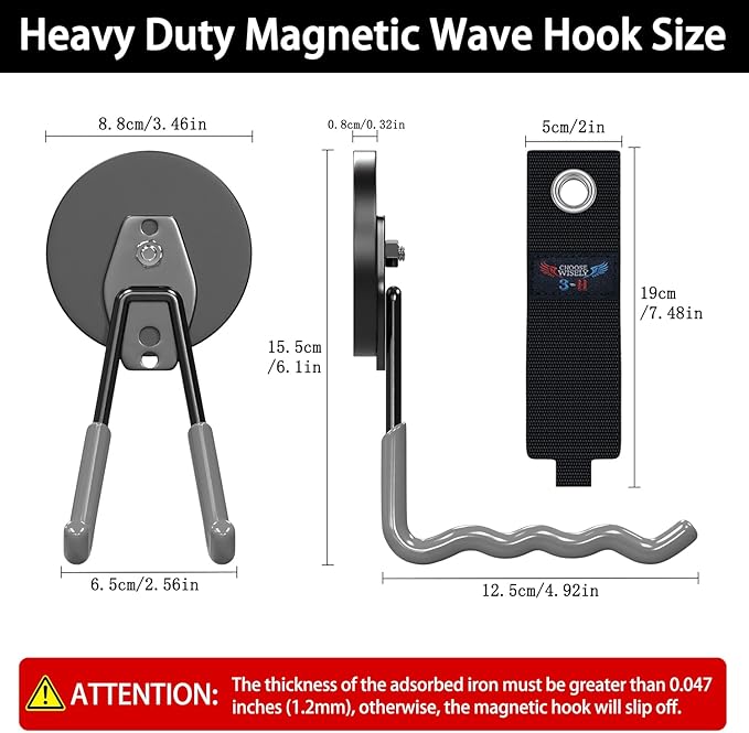 3-H Magnetic Wave Hooks Heavy Duty 2 Pack, Large Magnet Garage Hooks Heavy Duty and Strong Utility Magnetic Tool Holde for Hanging and organizing Garden Power Tool (Grey