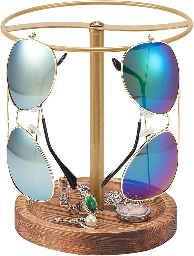 Sunglasses Organizer Wood Glasses Holder Stand, Metal Sunglass Storage Display Rack for 12Pairs Eyeglasses, Eyewear Organizer for Dresser Table Desk Countertop Bedroom (Gold Frame)