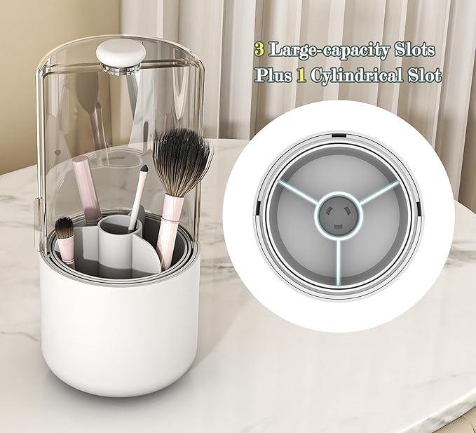 Makeup Brush Holder with Dustproof Cover, Clear 360 Rotating Make Up Brushes Organizer for Counter Vanity Bathroom, White