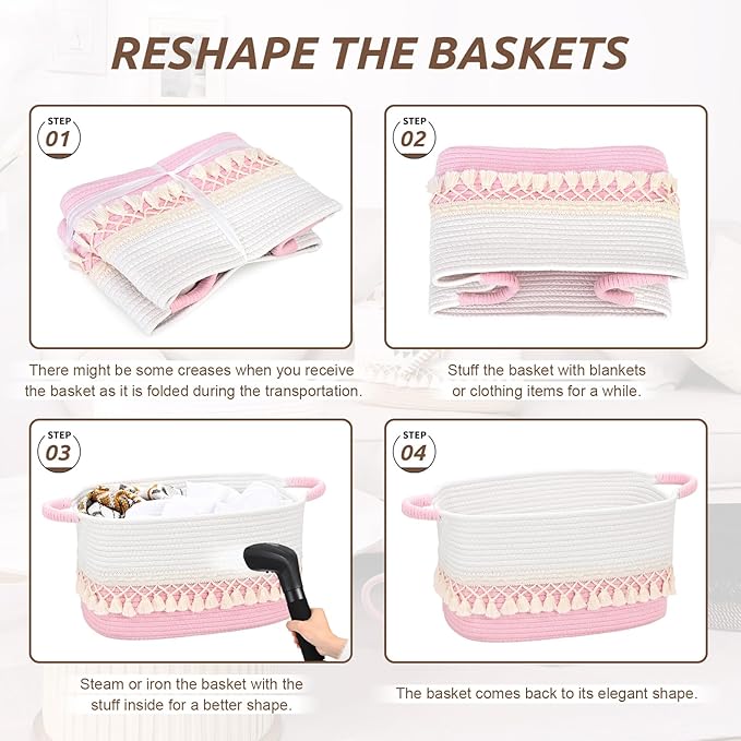 2 Pack Storage Basket for Shelves, Boho Cotton Rope Storage Bins with Heavy Tassel, Shelf Baskets Large Woven Baskets for Organizing, Cube Organizer Bins, Baby Laundry Basket for Clothes, Toys, Pets