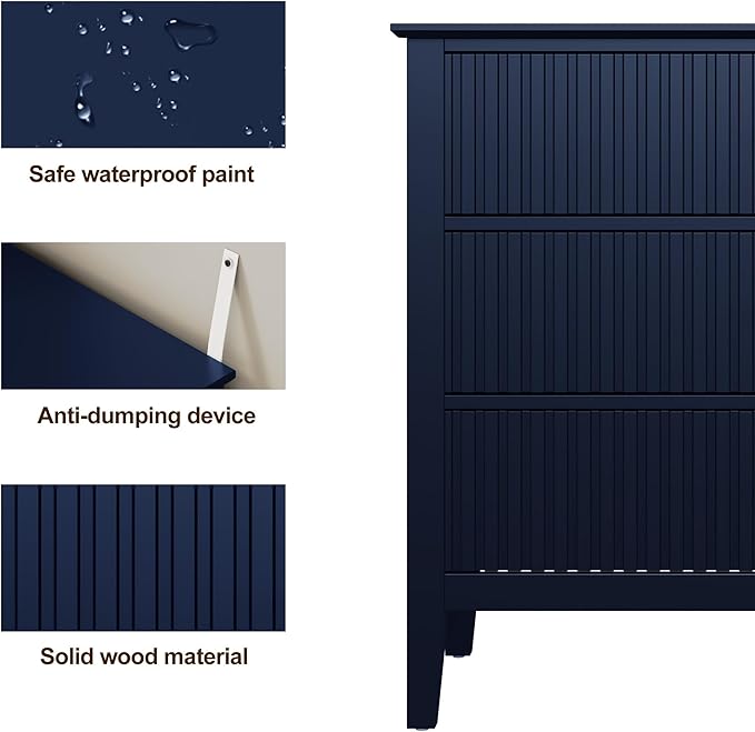 RoyalCraft 32" Large Nightstand Set of 2, Fluted Painted Wood Dresser with 3 Spacious Drawers, Blue Modern Bedside Table for Bedroom