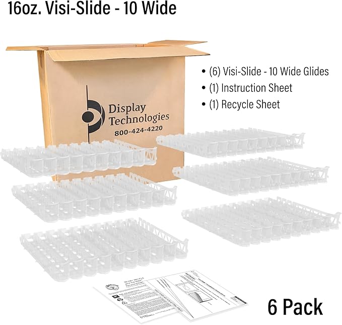 Display Technologies Gravity Fed Organizer for 12/16oz Beverages on Flat & Angled Shelves in Coolers (Pack of 6)