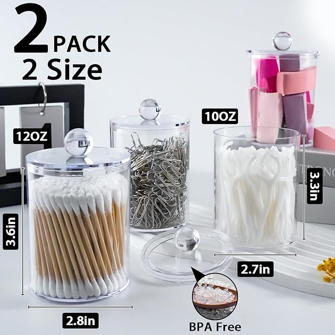 2 Pack Qtip Holder,Canister Apothecary Jar Set, Bathroom Jars with Lids Set for Cotton Swabs, Balls, Pads, Floss Picks,10oz-12oz Plastic Canisters Restroom Bedroom Vanity Organizer(Clear)