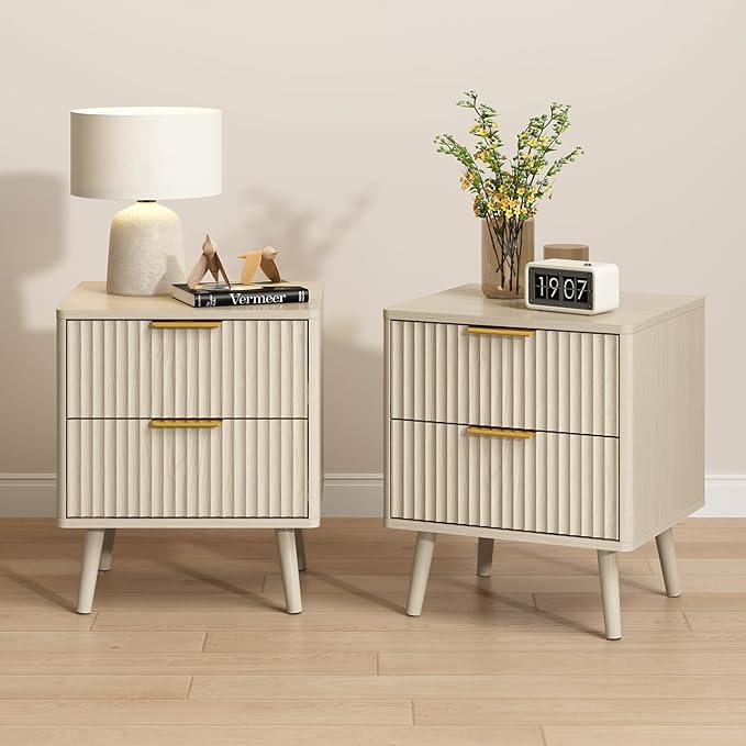 CARPETNAL Fluted Nightstand Set of 2, Beige Bedside Table with 2 Drawers and Gold Handles, Wood End Table Mid Century Night Stands for Bedroom Living Room