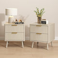 CARPETNAL Fluted Nightstand Set of 2, Beige Bedside Table with 2 Drawers and Gold Handles, Wood End Table Mid Century Night Stands for Bedroom Living Room