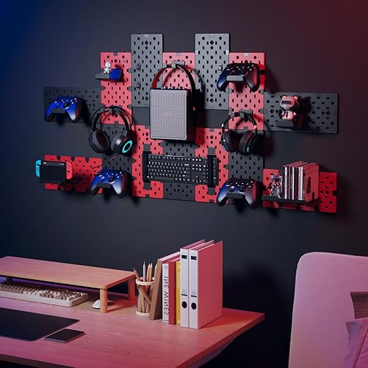 PEGZONE Controller and Headphone Holder Wall Mount, Modular Gaming Pegboard with Accessories, Controller Stand for Xbox PS5 PS4 Switch, Video Game Storage, Disc Shelf, 14pcs Pegboard, Black & Red