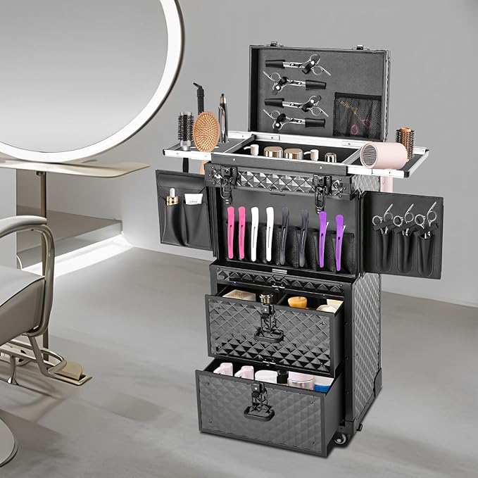 Cosmetic Train Case,Makeup Organizer Travel Case with Multiple Compartments,Rolling Makeup Case,Professional Makeup Casewith Wheels for Make-up Artists,33.07Lbs Load-Bearing