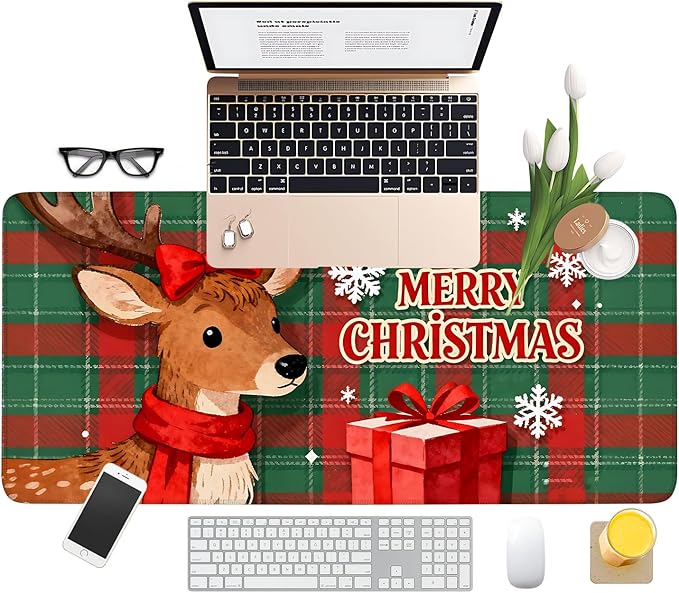 Merry Christmas-Elk Gaming Mouse Pad 35.4"x15.7"Desk Mat Anti-Slip Rubber Base & Durable Stitched Edges for Gamers Smooth Mouse Writing Surface for Desk Office/Home