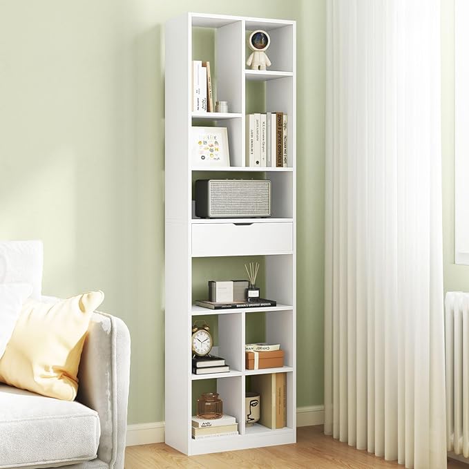 Giantex 71" Bookcase with Drawer Set of 2, Tall Freestanding Bookshelf with 10 Open Cubes, Floor Display Shelving Unit, Modern Storage Organizer for Living Room, Bedroom, Study, White