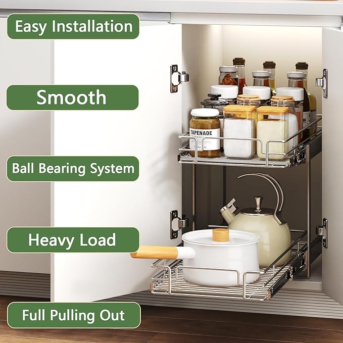 2 Tier Individual Pull Out Cabinet Organizer 12½" W x 21½" D, Heavy Duty Cabinet Pull Out Shelves, Slide Out Drawers Organization for Kitchen Cabinets Bathroom