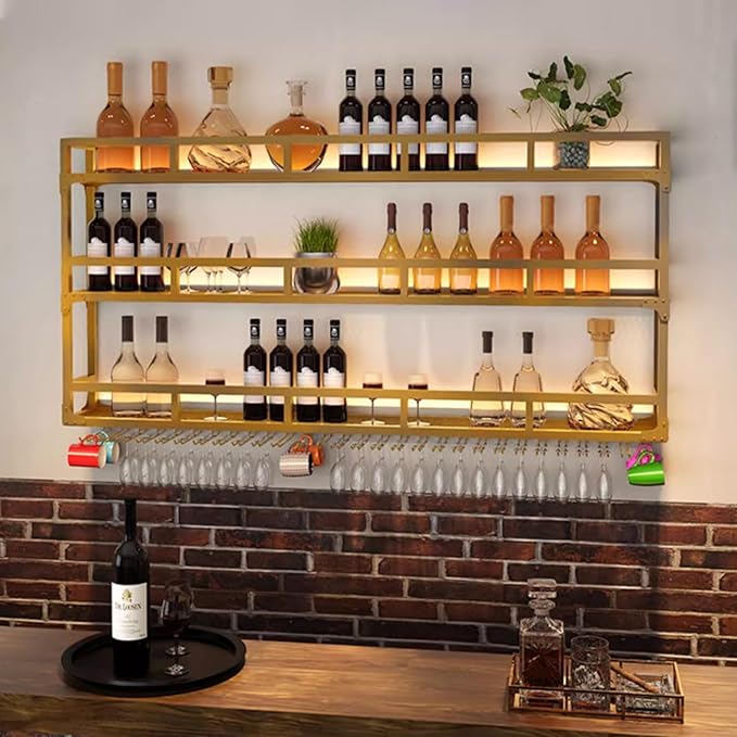 47.2in Wall Mounted Wine Rack, Wine Rack Wall Mounted with Wine Glass Rack, Metal Bar Bottle Display Shelf Wine Cups Hanging Holder, for Home Bar Cafe Decoration (Gold, 47.2 * 10 * 35.5IN)