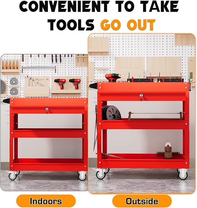 3 Tier Tool Cart on Wheels with Drawers - Three Tier Rolling Cart with Lockable Storage - Mechanic Tool Chest - Tool Chest with Wheels Used in Garage, Indoors, Workshop (Red)