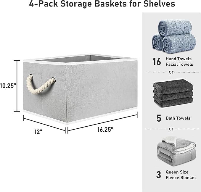 Closet Storage Bins, Linen Closet Organizers and Storage Basket for Shelves, Collapsible Shelf Baskets for Organizing Shelves, Bedroom Clothes Basket, Gray, 4 Pack