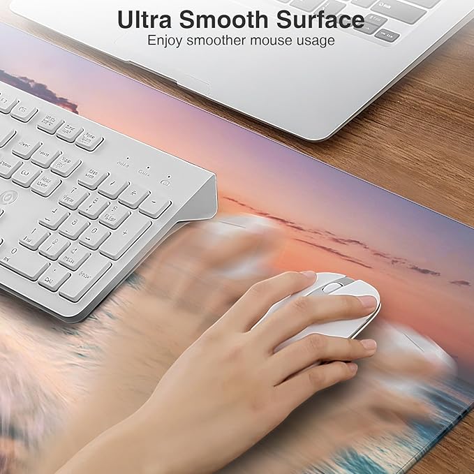 Wireless Charging Mouse Pad, 31.5"x15.8" Large Gaming Desk Mat for Keyboard/Laptop, Waterproof Ultra-Smooth Surface, Non-Slip Base, with 20W PD Adapter, Beach Sunset