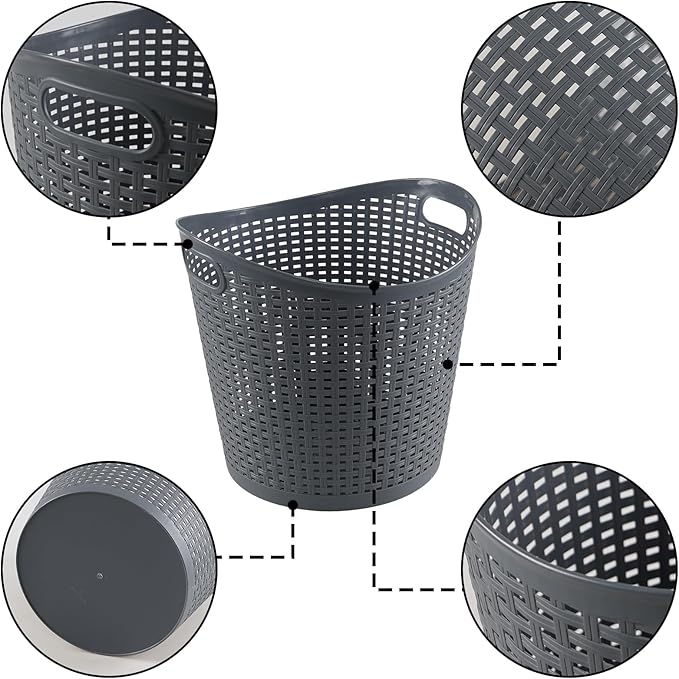 Kiddream 6 Pack Plastic Laundry Clothes Hamper Baskets, Large Storage Baskets for Organizing, 30 Liters Capacity, Dark Grey