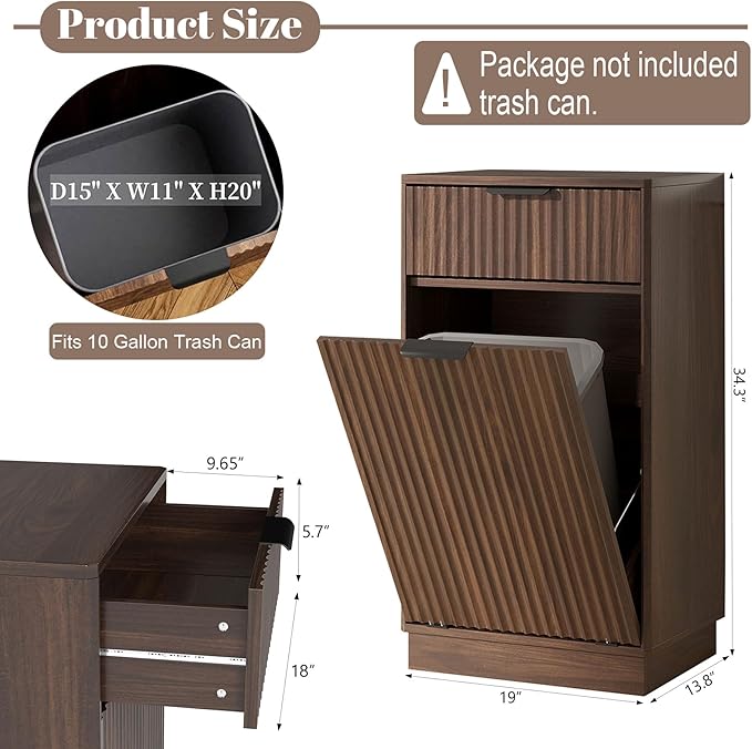 Tilt Out Trash Can Cabinet, Hidden Garbage Can Cabinet with Storage Drawers, Wave-Textured Front, 10 Gallon, Walnut