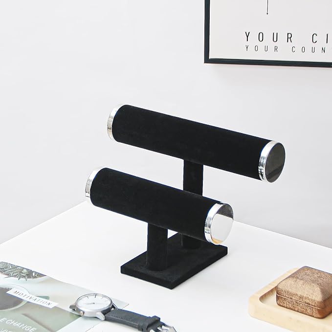 2 Tier Bracelet Holder Stand, Bangle Watches Display, Velvet Bracelet Jewelry Storage Organizer Rack, Hairband Scrunchie Show Tower Shop Selling or Home Use (Black)