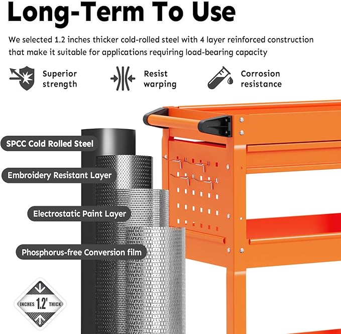 3-Tier Rolling Utility Cart, Metal Heavy Duty Utility Cart on Wheels with Lockable, 330 lb. Load Large Storage Capability Tool Cart for Garage, Warehouse, Repair Shop（Orange）