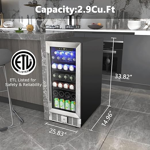 COWSAR Wine Fridge 15inch Beverage Refrigerator 2.9 Cu.Ft. Freestanding or Under Counter Cooler Stainless Steel Beer Fridge Mini ETL Approved