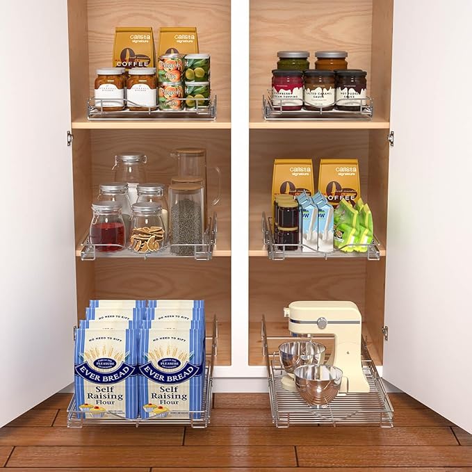 DINDON 1 Tier Pull Out Cabinet Organizer (20" W x 21" D) Heavy-Duty Metal Sliding Drawer Shelf, Slide Out Wire Basket for Kitchen Cabinets, Pantry, Bathroom, Chrome Finish……