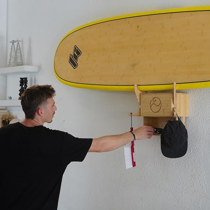 LISS Solo Rack – Wall Mount Surfboard Holder for ONE Board – Bamboo Board Rack with Interchangeable Arms & Hidden Storage Drawer – Fits Shortboards, Longboards, SUPs, Wakeboards, Snowboards up to 12ft