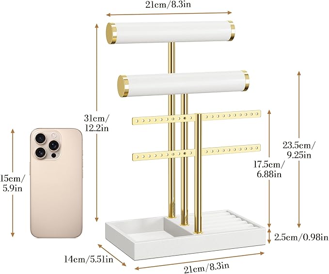 3 Tier Bracelet Holder Display - White Leather Bracelet Holder, Detachable T Bar Jewelry Holder Organizer for Bracelet, Necklace, Earrings, Rings, Watches, Bangle