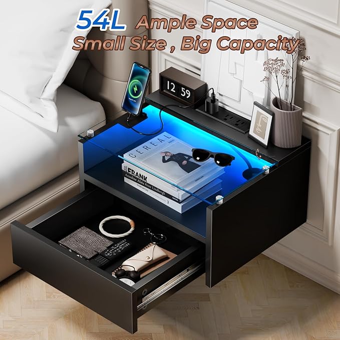 Loomie Black Floating Nightstands Set of 2, 18.9” Bedside Table w/Charging Station and LED Light, Floating Shelf with Drawer, Wall Mounted Night Stand for Bedroom, Entryway Wall.
