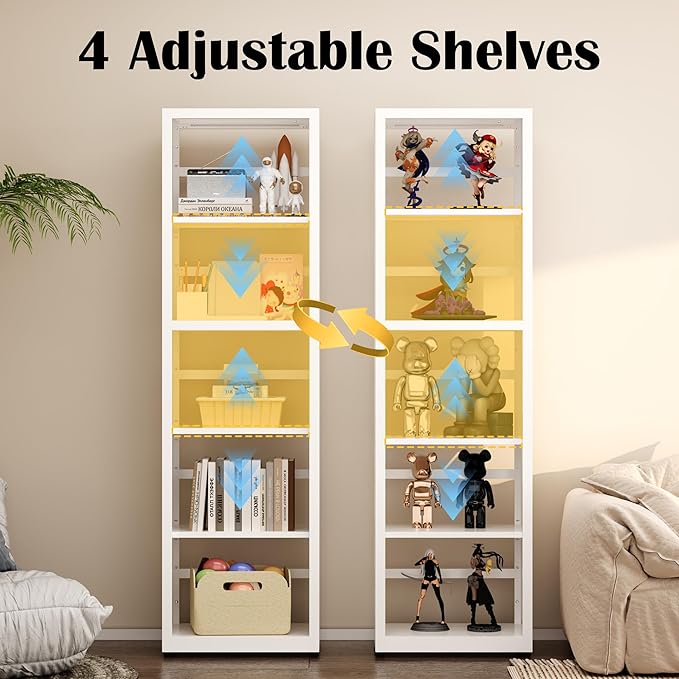 Narrow Bookshelf,5 Tier Bookcase,55" White Metal Small Bookshelf with Adjustable Feet and Adjustable Shelves,Home Office Bookcase Shelf Storage Organizer for Living Room、Kitchen