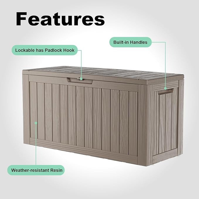 90 Gallon Deck Box,Resin Outdoor Storage Box with Lockable for Patio Furniture, Pool Accessories, Garden Tools Waterproof Outside Storage Box, Grey