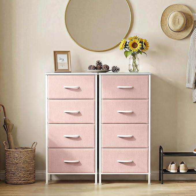 Sweetcrispy Nightstand Small Bedroom Dresser with 4 Fabric Drawers,Bed Side Furniture End Table,Wooden Top Cabinet Night Stand Dresser for Closet,Entryway,Dorm,Pink