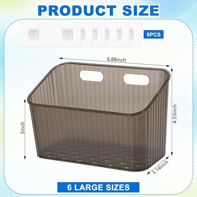 6Pcs Storage Organizer Bins Wall Mounted Organizer Basket Large Size Clear Plastic Makeup Organizer Adhesive Hanging Bin for Bathroom Kitchen Pantry（Grey）