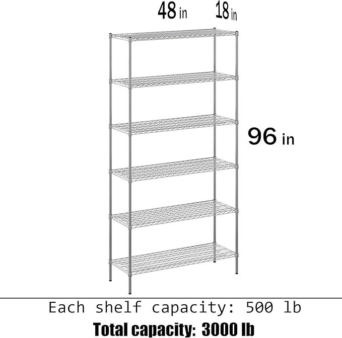 Wire Shelving Kit | NSF Commercial Storage Rack Unit (6-Tier | 96" Height, 18" Deep x 48" Wide)