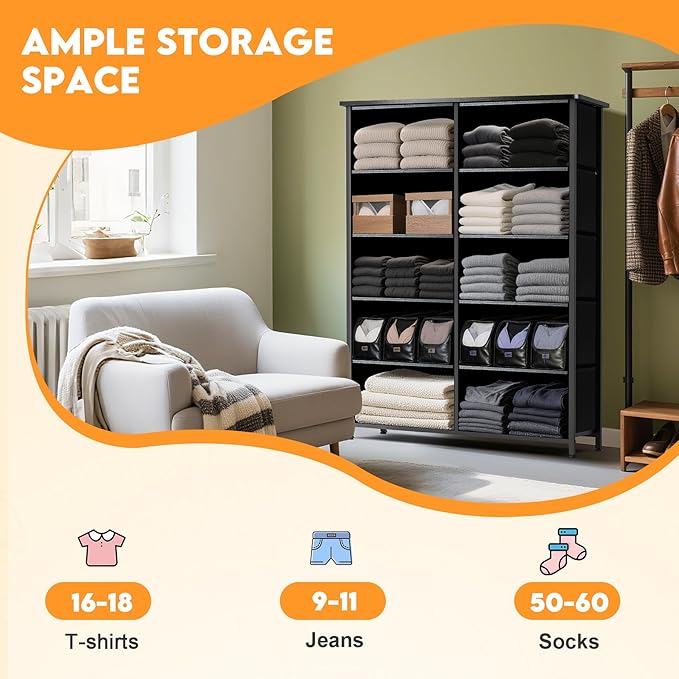 Curved Profile Dresser for Bedroom, Chest of Drawers, 10 Storage Drawers Organizer Unit, Brown Dresser with Fabric Bins for Closet, Living Room, Kid Room (Grey and Charcoal Black)
