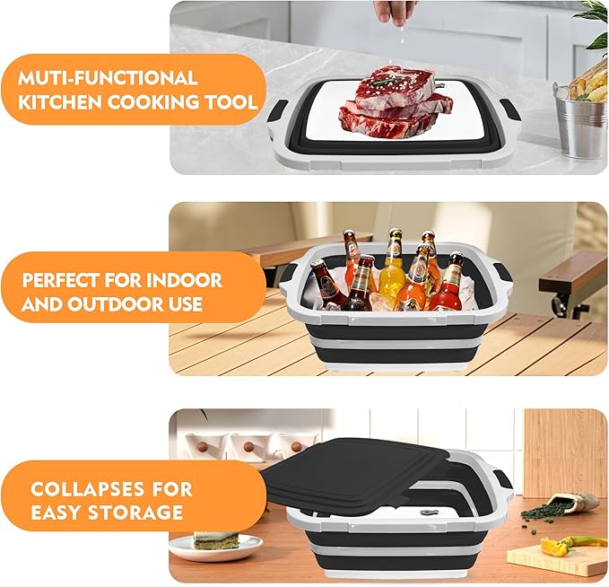 8L/16L BBQ Prep Tub with Cutting Board, Lid & Complimentary Mitts/Gloves – Collapsible Bucket for BBQ, Marinade, Picnic, Camping, Meat Prep – Orange/Black (Black, X-Large Lid Lock)