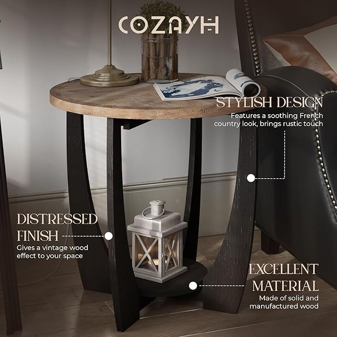 Rustic Farmhouse End Table with Storage Shelf, French Country Accent Side Table for Family, Dinning or Living Room, Small Spaces, Modern, Round