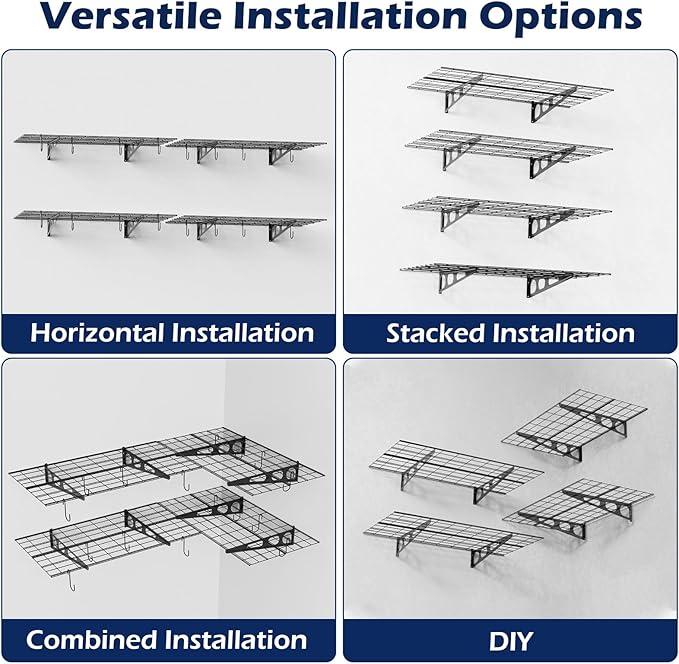 2 Pack 2x6 Ft Garage Wall Shelving, 1400 lbs Heavy Duty Metal Garage Shelf Storage Organization, 24x36 Inch Wall Mounted Floating Shelves x 4, High Capacity with Hooks, Space Saving